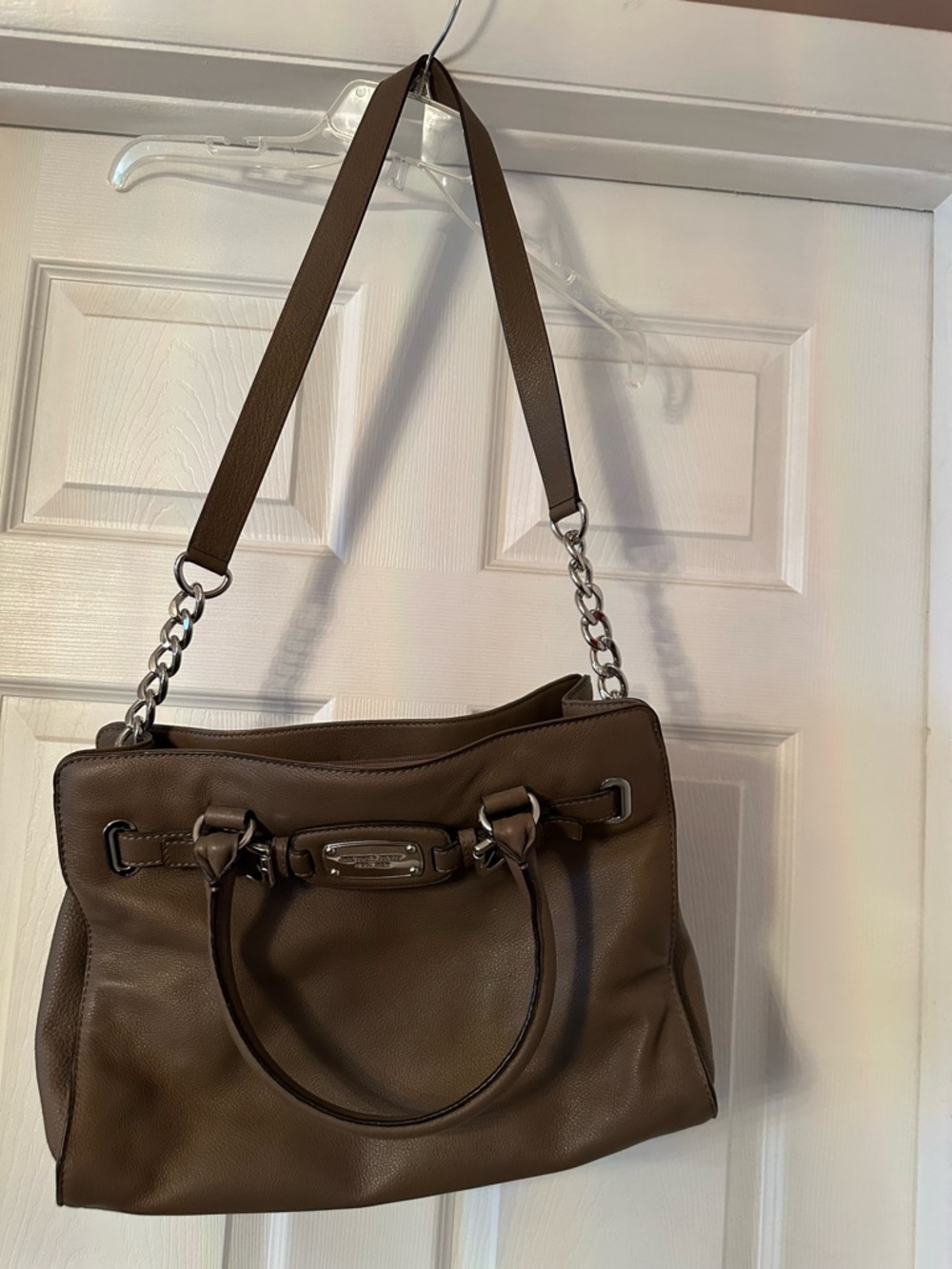 Michael Kors Taupe Brown Leather Shoulder Tote with Chain-Accent Strap